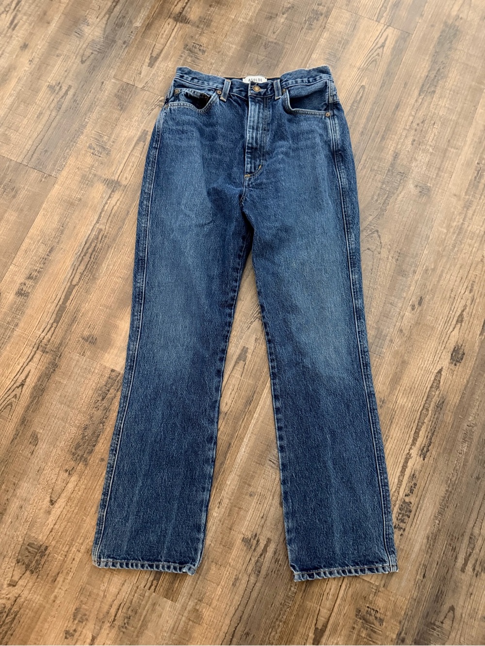 EUC Agolde Dark Blue Denim Jeans w/ Gold Stitching Straight Leg Size 26/31